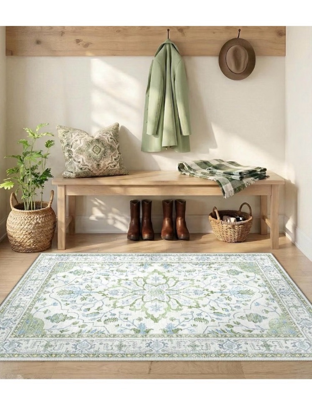 Floral Print Area Rug in Light Green & Pale Blue